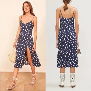 Reformation Crimini Navy Blue White Midi Slip Dress, Sz 2